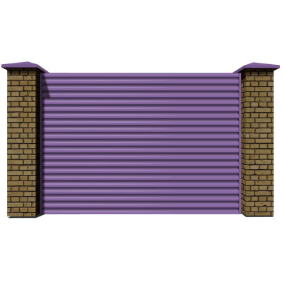 Секция забора жалюзи из ламелей еврожалюзи RAL4005 Сиреневый с кирпичными столбами анфас