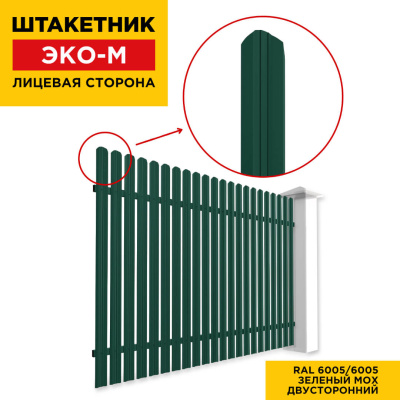 Забор штакетник ЭКО-М RAL6005-6005 Зеленый Мох двусторонний лицевая сторона